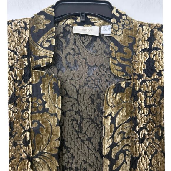 Chicos Gold & Black Velvet Burnout Flat Collar Jacket Blazer Size Small Artsy - Picture 6 of 10